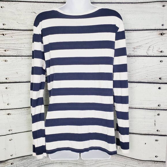 Old Navy Women’s XXL Navy Blue White Striped Long Sleeve Tee 100% Cotton Casual - Picture 3 of 5